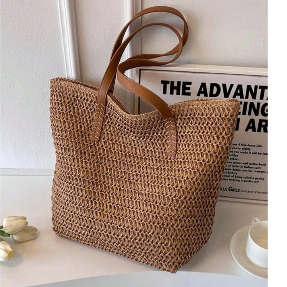 Woven Straw Tote Bag with Brown Leather Handles